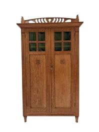 Arts & Crafts Art Nouveau Bookcase with Original Green Glass, 1900s